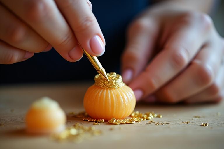和菓子職人が金箔を使い、菓子に繊細な装飾を施している手元