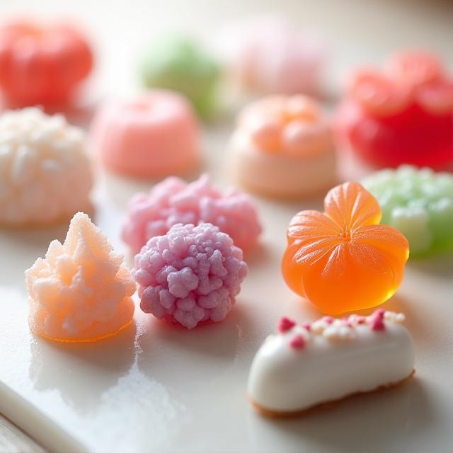 桜、紅葉、紫陽花を模した美しい練り切り和菓子の盛り合わせ