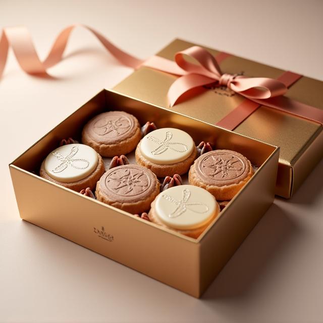 企業のロゴが入ったクッキーが詰められた上品なギフトボックス