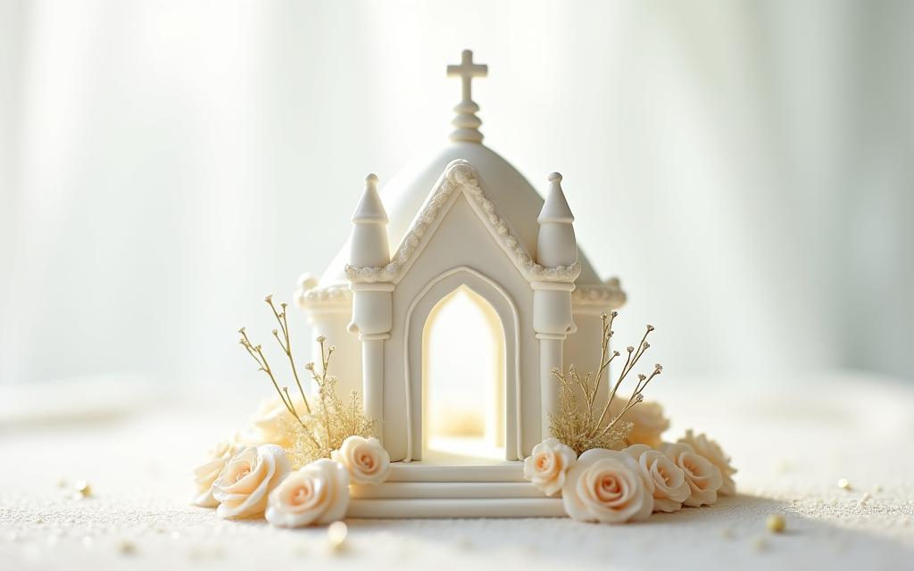 結婚式場のために作られた、白いチャペルの繊細な砂糖菓子