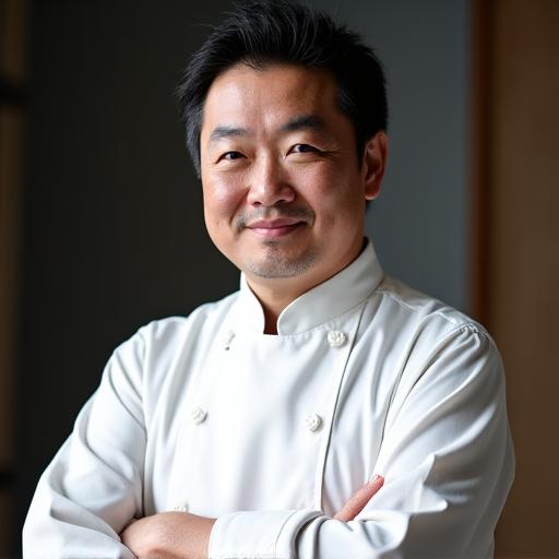 白衣を着て腕を組む、主任菓子職人の佐藤健司