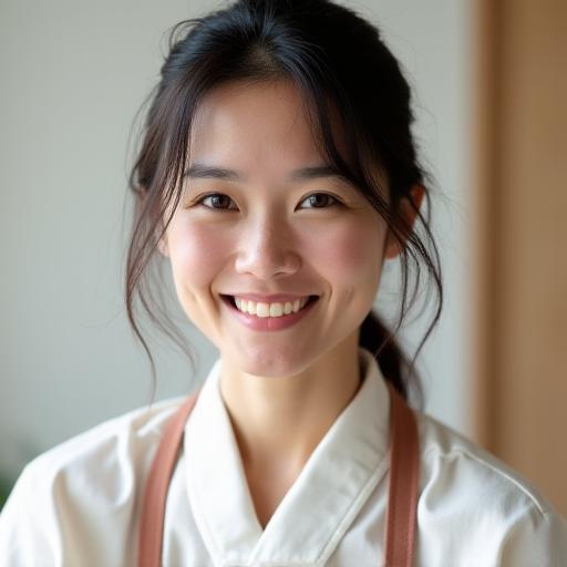 優しい笑顔でカメラを見つめる、和菓子職人の鈴木美咲