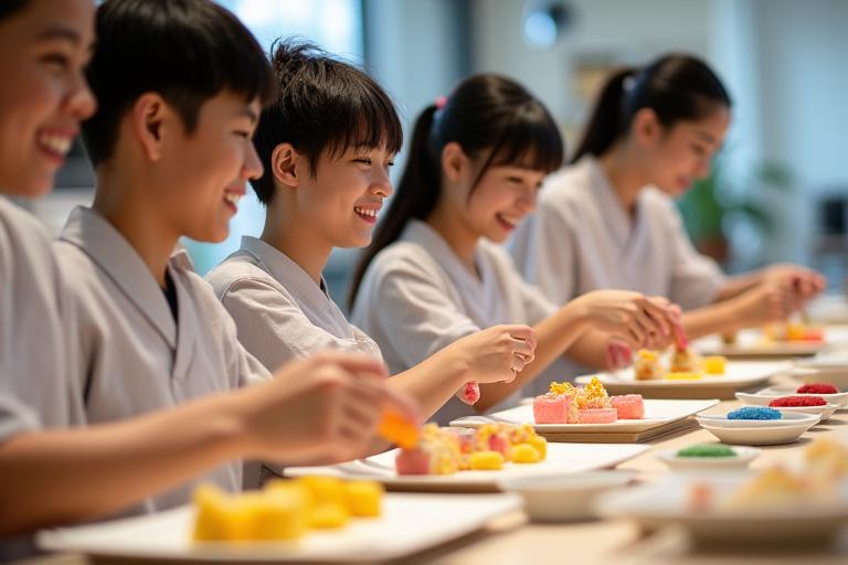 笑顔で和菓子作りに挑戦している参加者たち